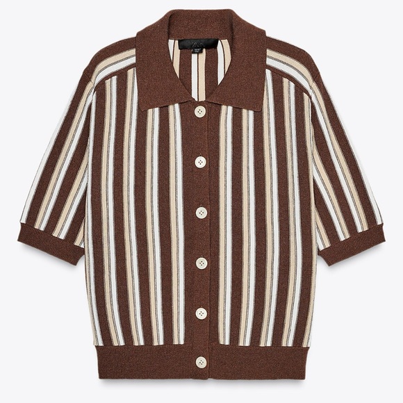 Zara Striped Polo Cardigan Brown/ Tan / White NWT - Picture 5 of 7